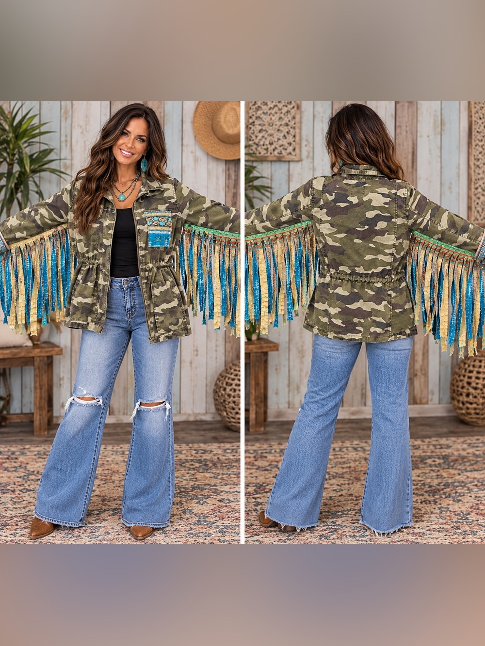 Upcycled Camo Utility Jacket with Turquoise kantha Fringe
